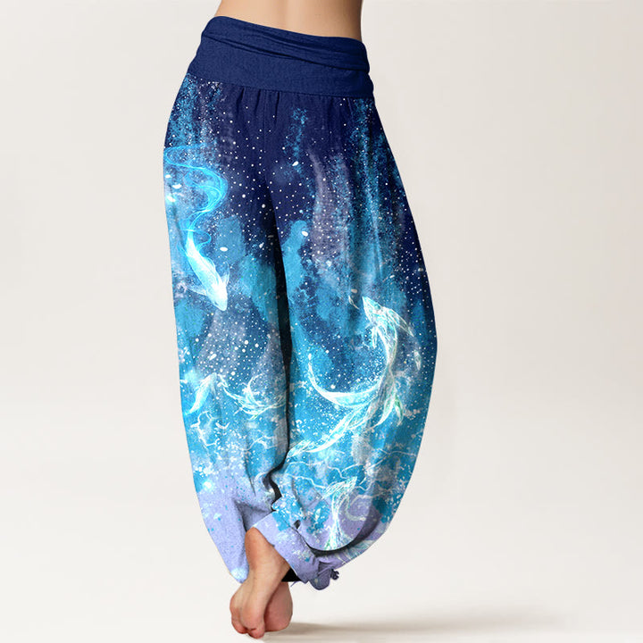 Buddha Stones Pantalon harem à taille élastique pour femme, motif aquatique de carpes koï en coton - image 1