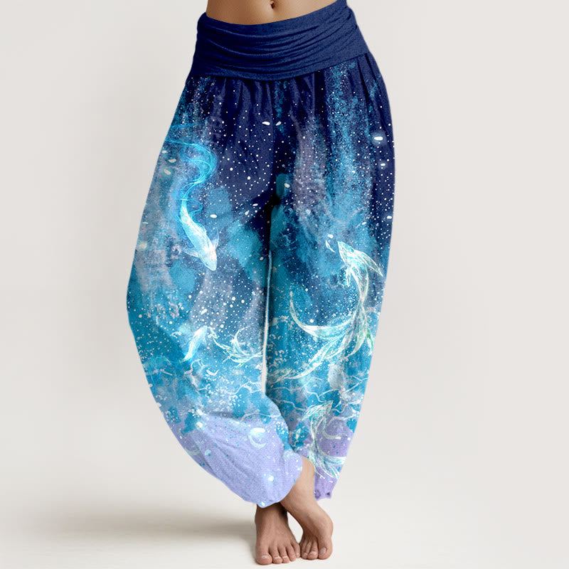 Buddha Stones Pantalon harem à taille élastique pour femme, motif aquatique de carpes koï en coton - Bleu foncé - US16，UK/AU20，EU48 (3XL) - image 0