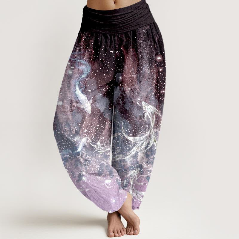 Buddha Stones Pantalon harem à taille élastique pour femme, motif aquatique de carpes koï en coton - Violet moyen - US16，UK/AU20，EU48 (3XL) - image 5