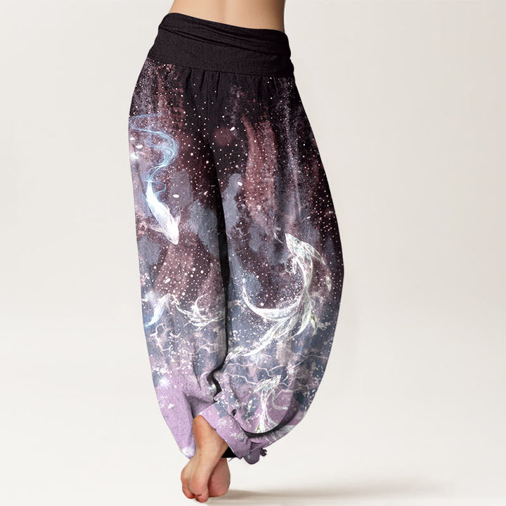 Buddha Stones Pantalon harem à taille élastique pour femme, motif aquatique de carpes koï en coton - image 6
