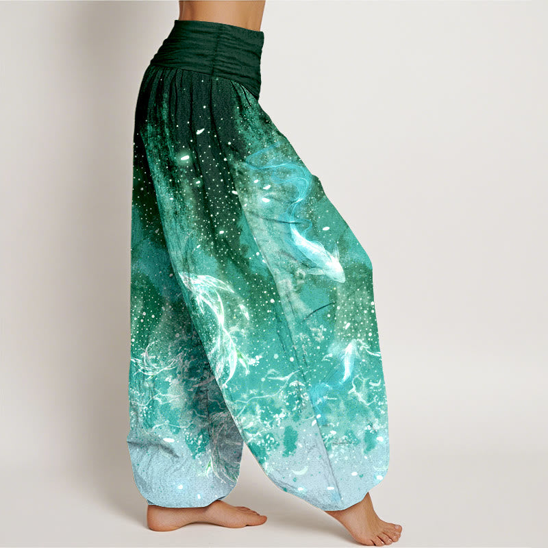 Buddha Stones Pantalon harem à taille élastique pour femme, motif aquatique de carpes koï en coton - image 10