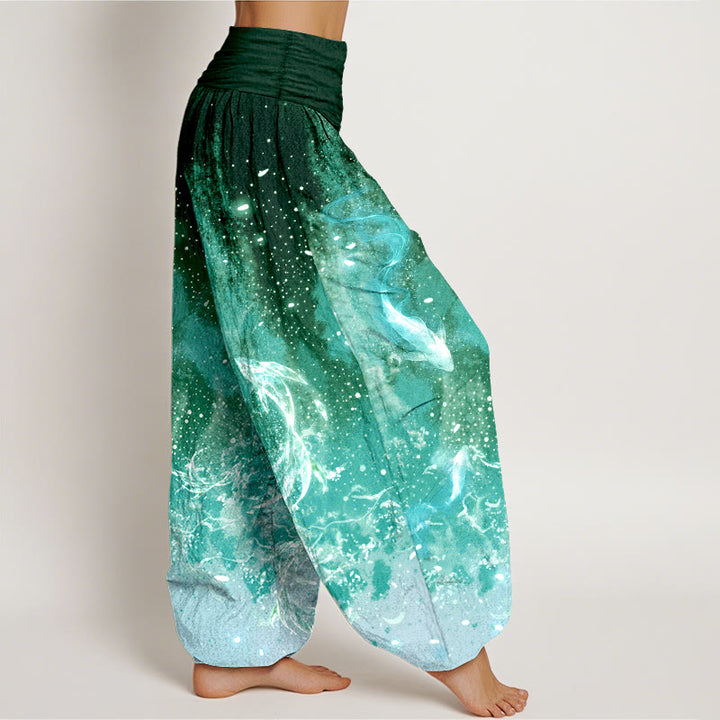 Buddha Stones Pantalon harem à taille élastique pour femme, motif aquatique de carpes koï en coton - image 10