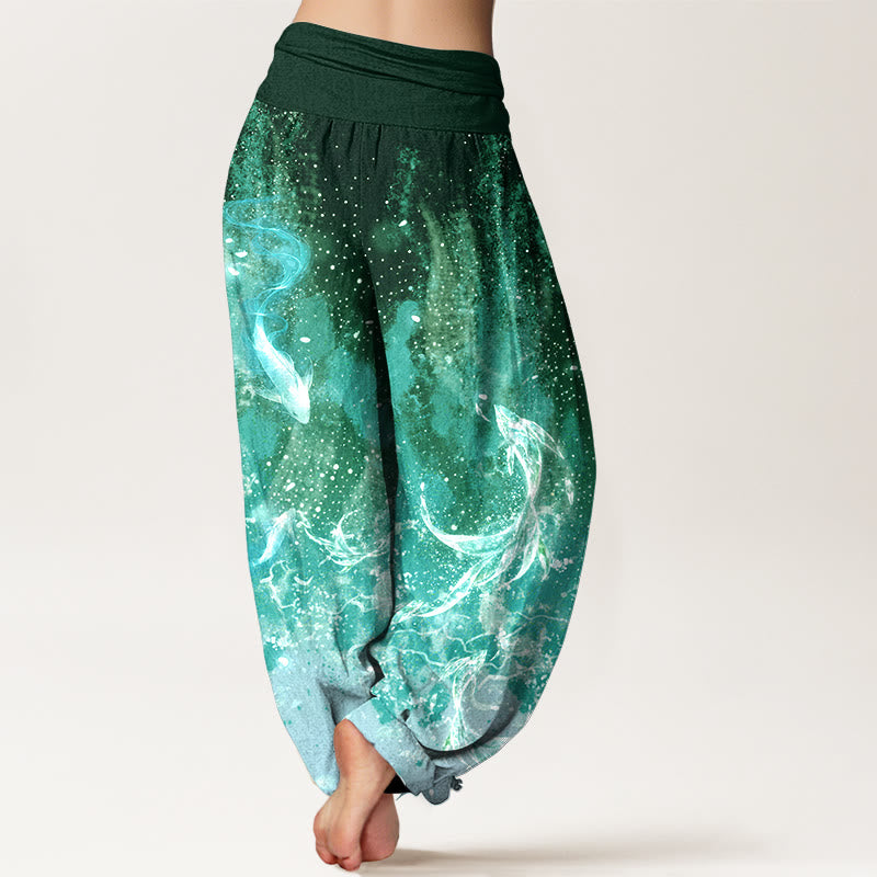 Buddha Stones Pantalon harem à taille élastique pour femme, motif aquatique de carpes koï en coton - image 9