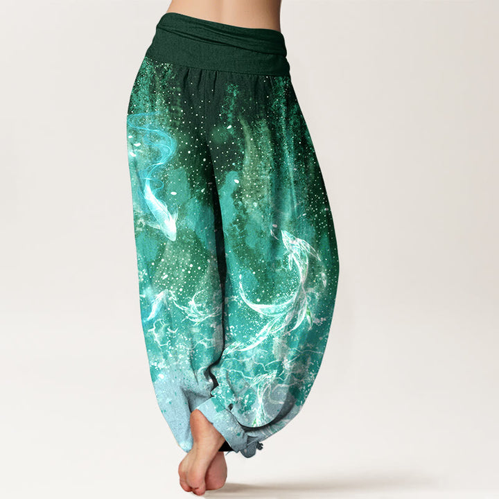 Buddha Stones Pantalon harem à taille élastique pour femme, motif aquatique de carpes koï en coton - image 9