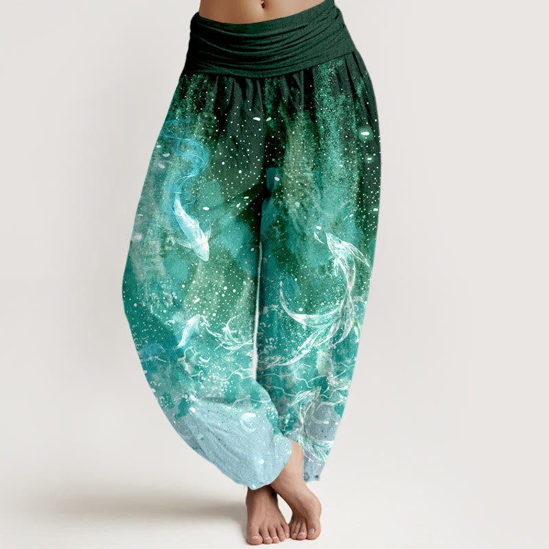 Buddha Stones Pantalon harem à taille élastique pour femme, motif aquatique de carpes koï en coton - Vert forêt - US16，UK/AU20，EU48 (3XL) - image 8