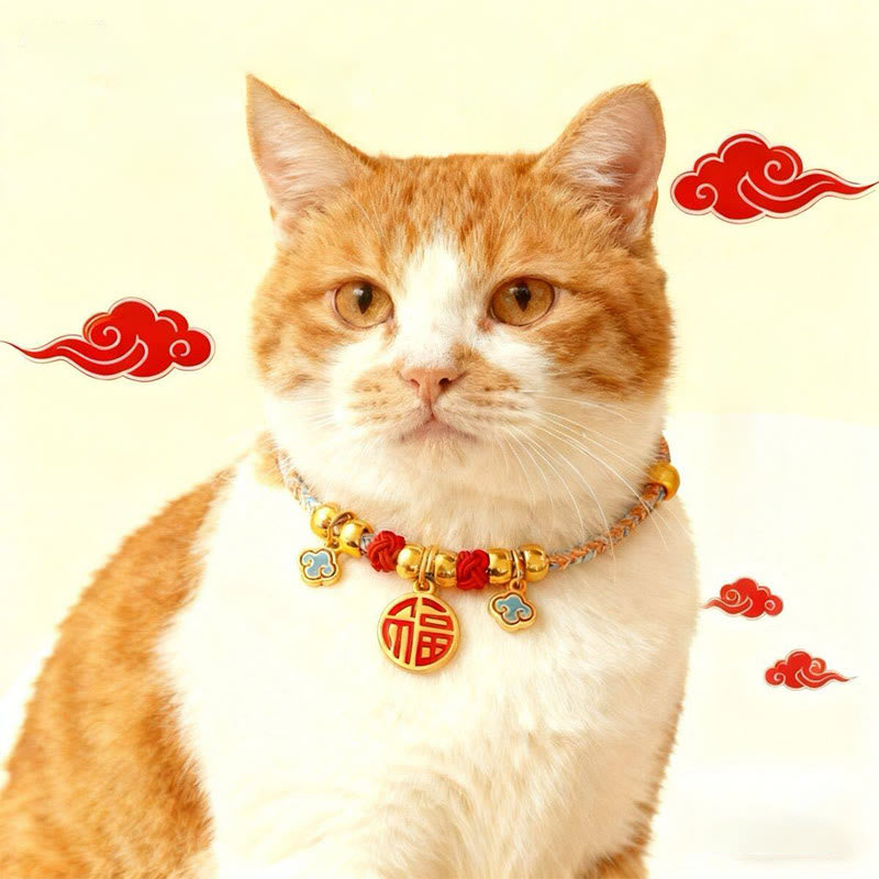 Buddha Stones Collier de protection ajustable pour chats et chiens, orné de perles colorées tressées et d'un personnage Fu - Personnage Fu - 40-50 cm - image 0