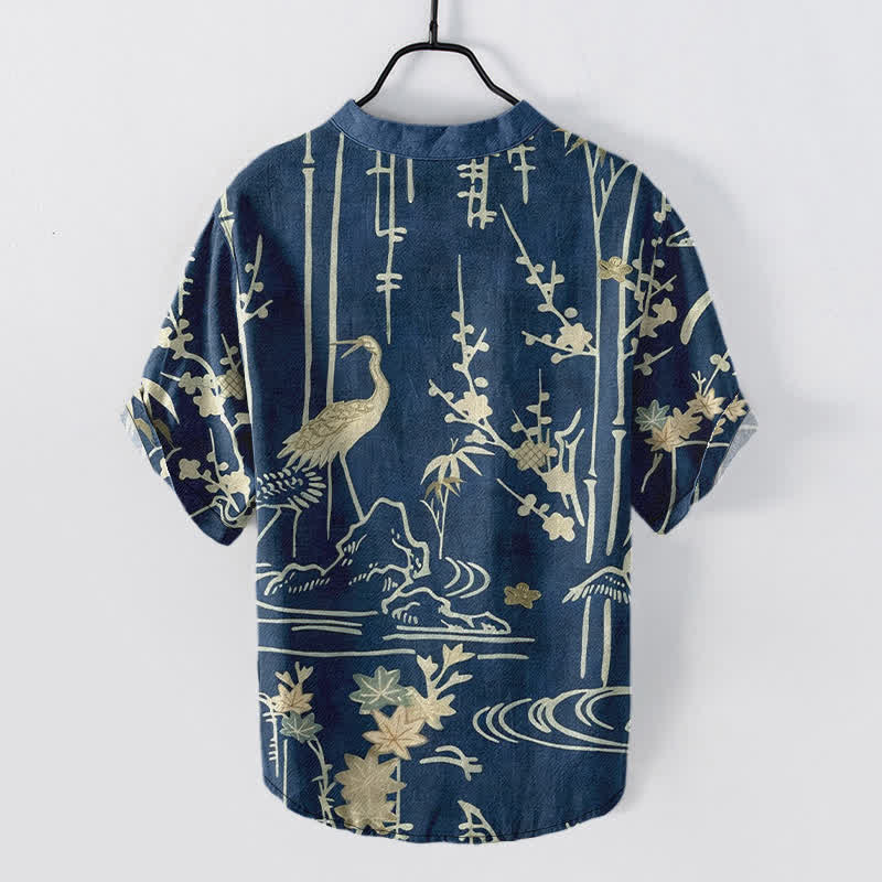 Buddha Stones Chemise homme à manches courtes et demi-boutonnée en coton à motif floral de bambou et grues - image 1