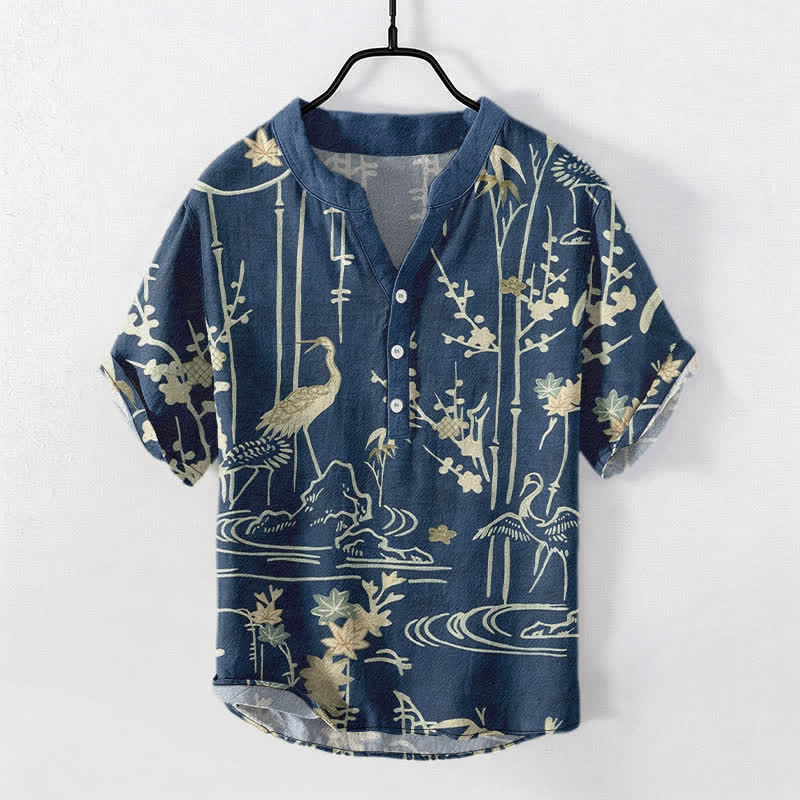 Buddha Stones Chemise homme à manches courtes et demi-boutonnée en coton à motif floral de bambou et grues - image 0