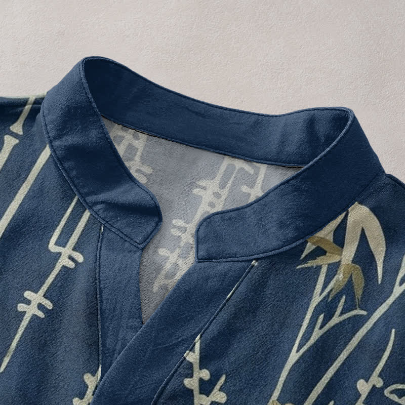 Buddha Stones Chemise homme à manches courtes et demi-boutonnée en coton à motif floral de bambou et grues - image 2