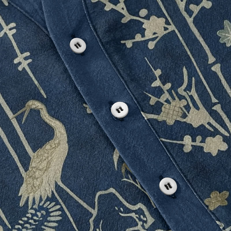 Buddha Stones Chemise homme à manches courtes et demi-boutonnée en coton à motif floral de bambou et grues - image 3