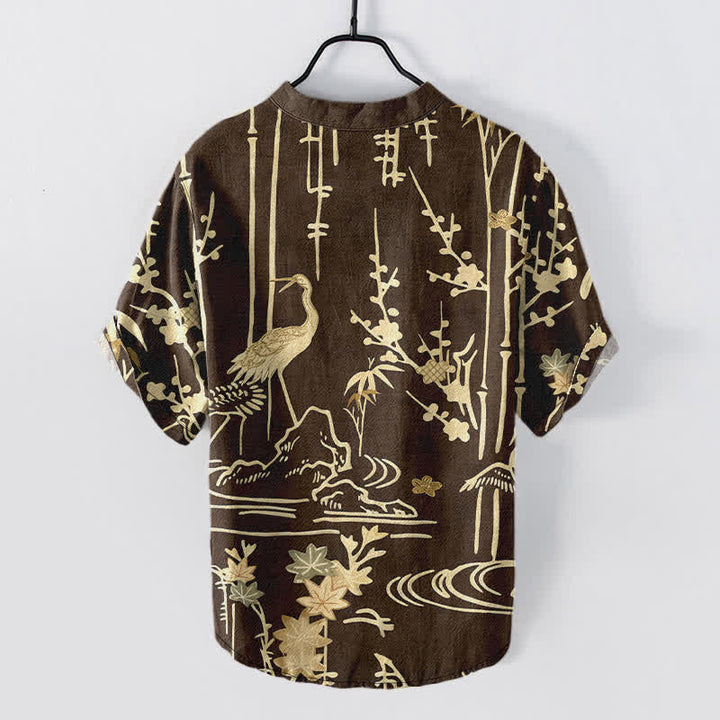 Buddha Stones Chemise homme à manches courtes et demi-boutonnée en coton à motif floral de bambou et grues - image 6