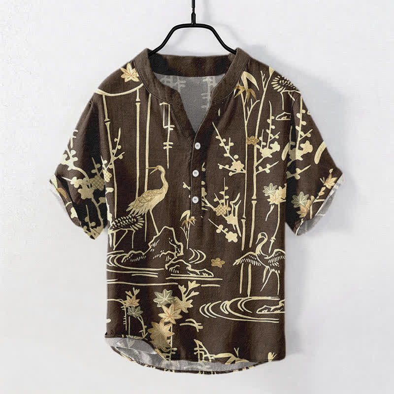 Buddha Stones Chemise homme à manches courtes et demi-boutonnée en coton à motif floral de bambou et grues - SaddleBrown - US/UK/AU50，EU60 (5XL) - image 5