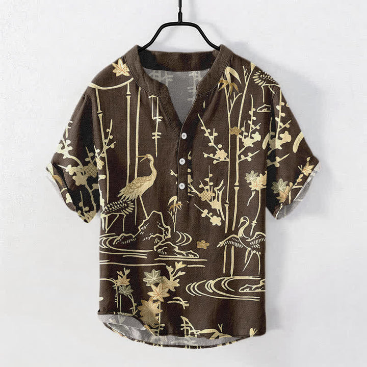 Buddha Stones Chemise homme à manches courtes et demi-boutonnée en coton à motif floral de bambou et grues - SaddleBrown - US/UK/AU50，EU60 (5XL) - image 5