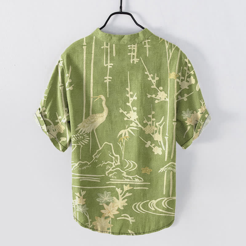 Buddha Stones Chemise homme à manches courtes et demi-boutonnée en coton à motif floral de bambou et grues - image 8