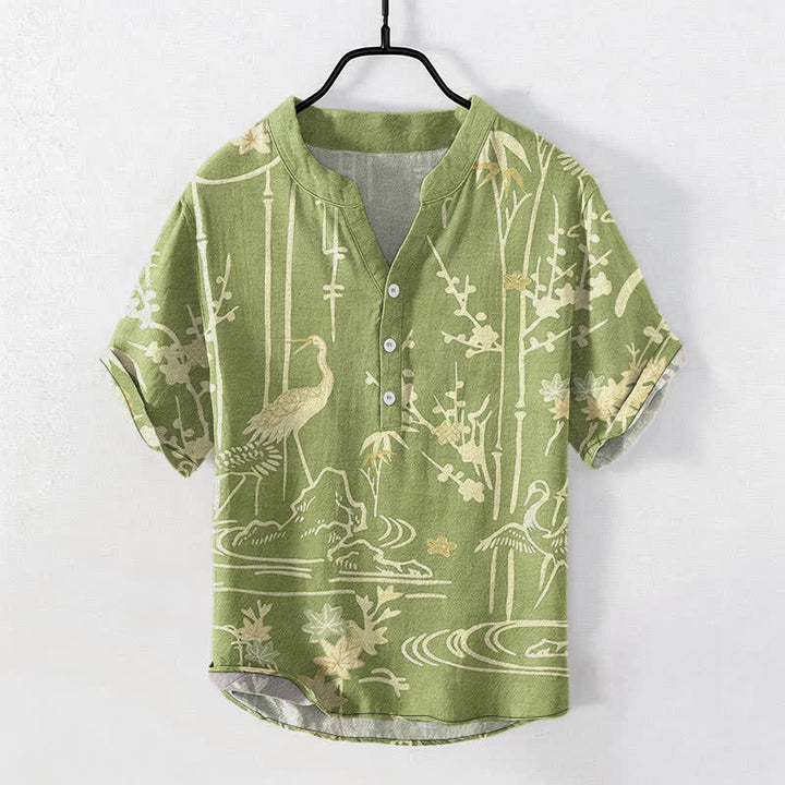 Buddha Stones Chemise homme à manches courtes et demi-boutonnée en coton à motif floral de bambou et grues - JauneVert - US/UK/AU50，EU60 (5XL) - image 7