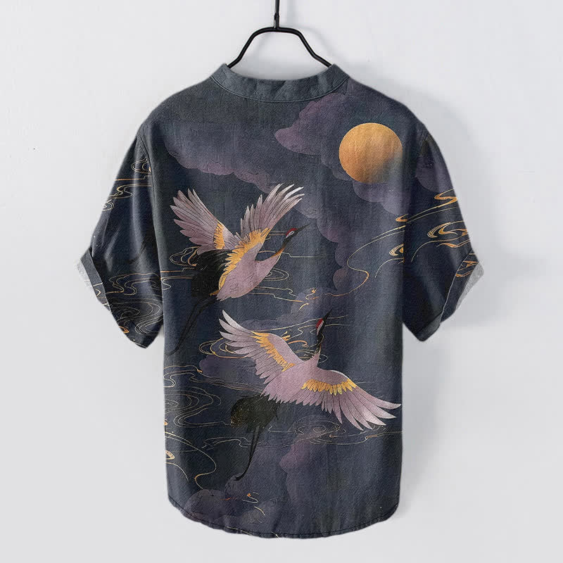 Buddha Stones Chemise homme à manches courtes et demi-boutonnée en coton à motif de grue et pleine lune - image 1