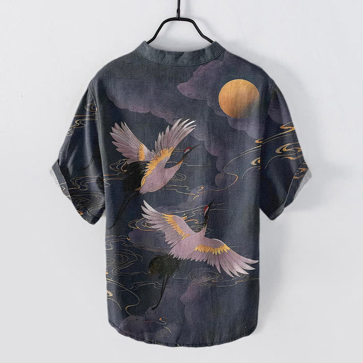 Buddha Stones Chemise homme à manches courtes et demi-boutonnée en coton à motif de grue et pleine lune - image 1