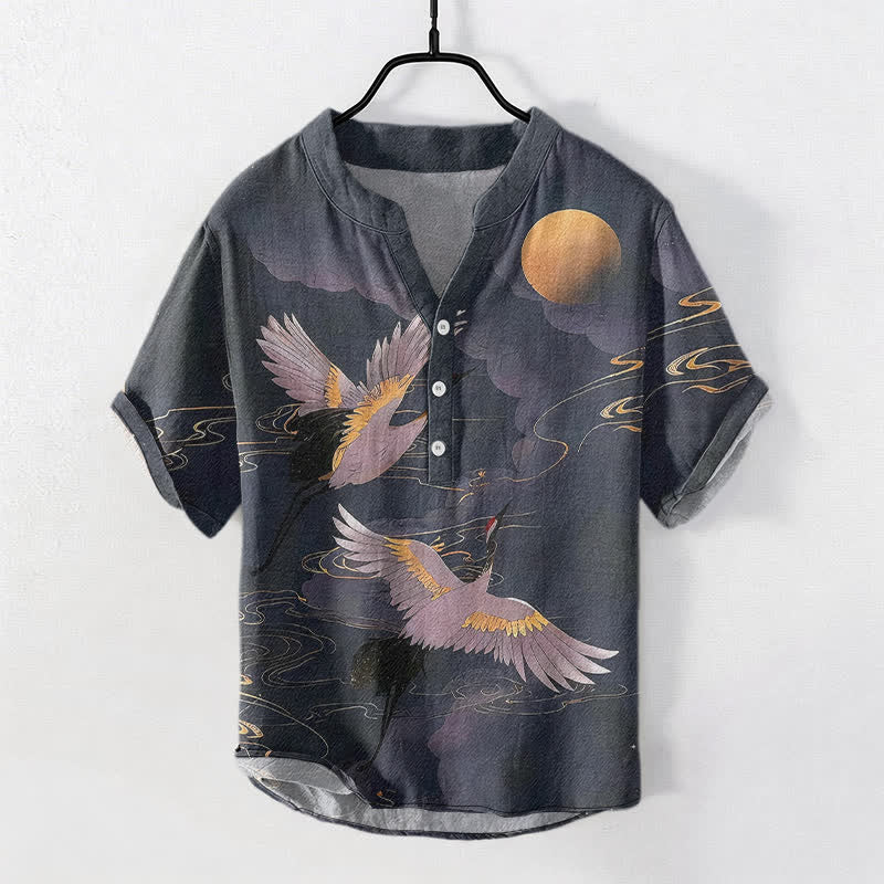 Buddha Stones Chemise homme à manches courtes et demi-boutonnée en coton à motif de grue et pleine lune - image 0