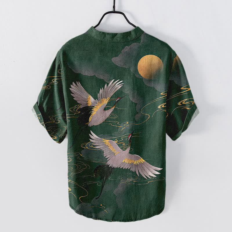 Buddha Stones Chemise homme à manches courtes et demi-boutonnée en coton à motif de grue et pleine lune - image 6