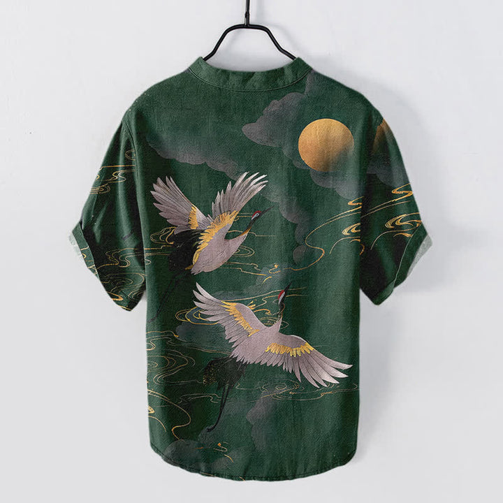 Buddha Stones Chemise homme à manches courtes et demi-boutonnée en coton à motif de grue et pleine lune - image 6