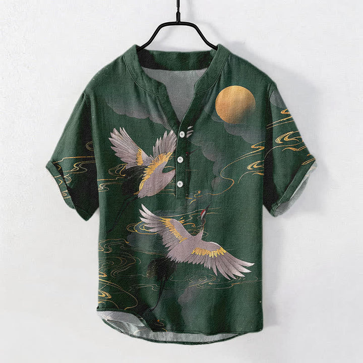 Buddha Stones Chemise homme à manches courtes et demi-boutonnée en coton à motif de grue et pleine lune - Vert d'eau - US/UK/AU50，EU60 (5XL) - image 5
