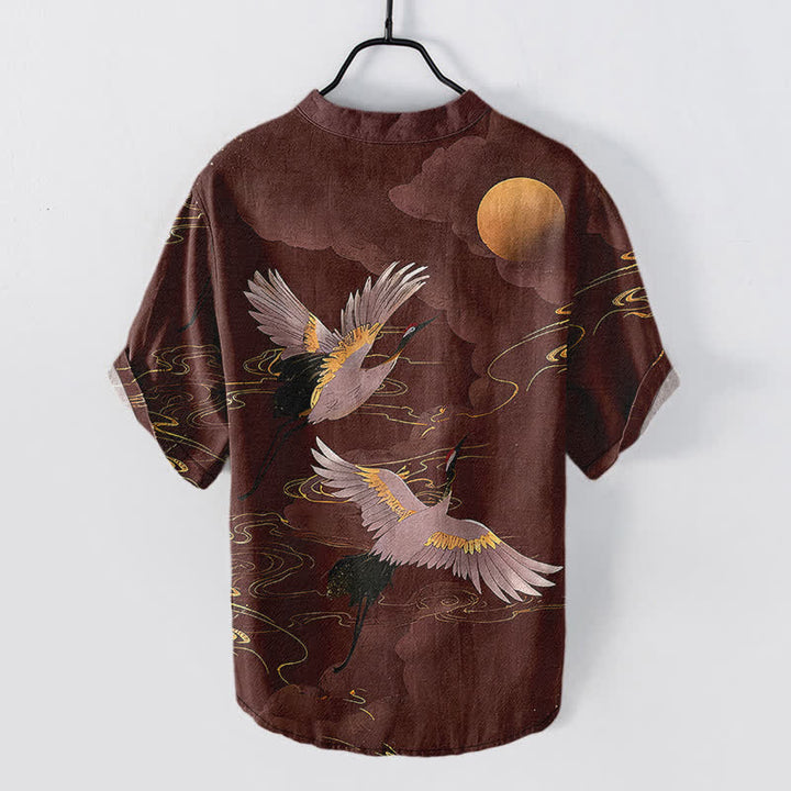 Buddha Stones Chemise homme à manches courtes et demi-boutonnée en coton à motif de grue et pleine lune - image 8