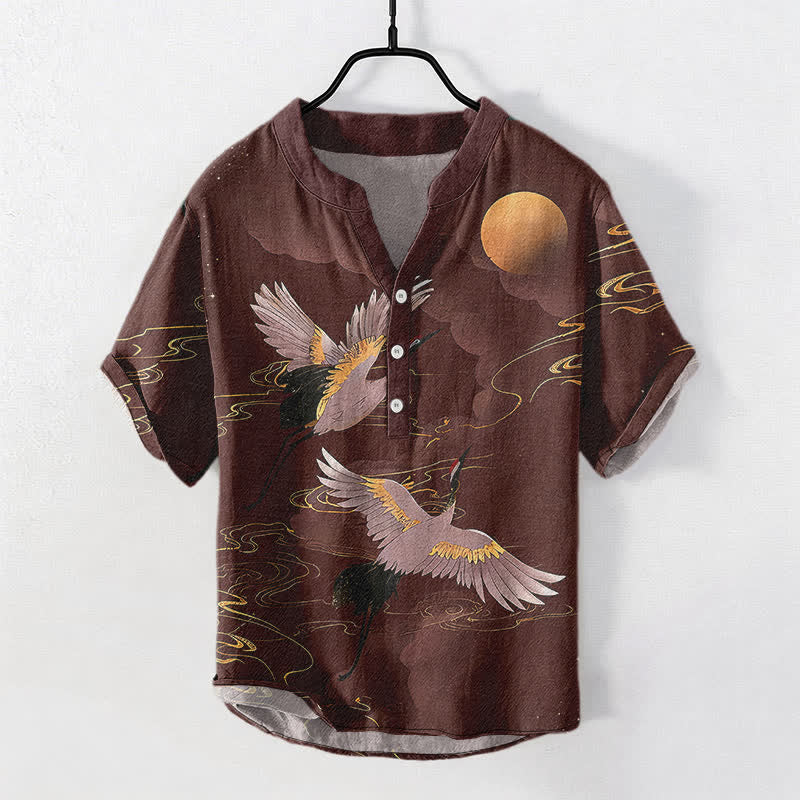 Buddha Stones Chemise homme à manches courtes et demi-boutonnée en coton à motif de grue et pleine lune - Brun - US/UK/AU50，EU60 (5XL) - image 7