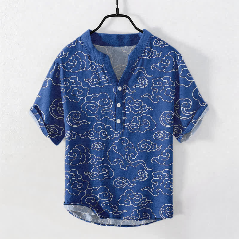 Buddha Stones Chemise homme à manches courtes et demi-boutonnages, motif nuage de coton - Bleu royal - US/UK/AU50，EU60 (5XL) - image 0