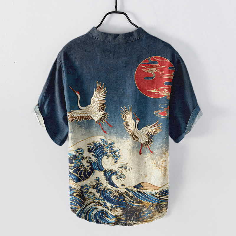Buddha Stones Chemise homme à manches courtes et demi-boutonnée en coton à motif de grues, vagues et soleil - image 1