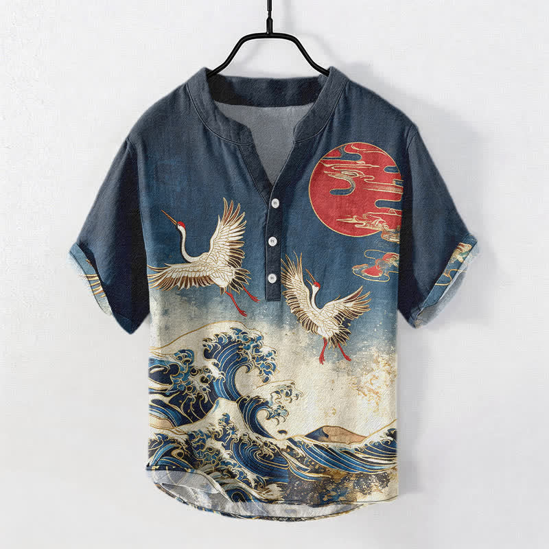 Buddha Stones Chemise homme à manches courtes et demi-boutonnée en coton à motif de grues, vagues et soleil - image 0