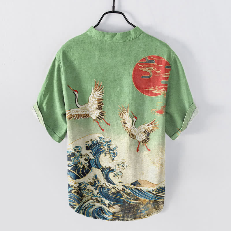 Buddha Stones Chemise homme à manches courtes et demi-boutonnée en coton à motif de grues, vagues et soleil - image 6