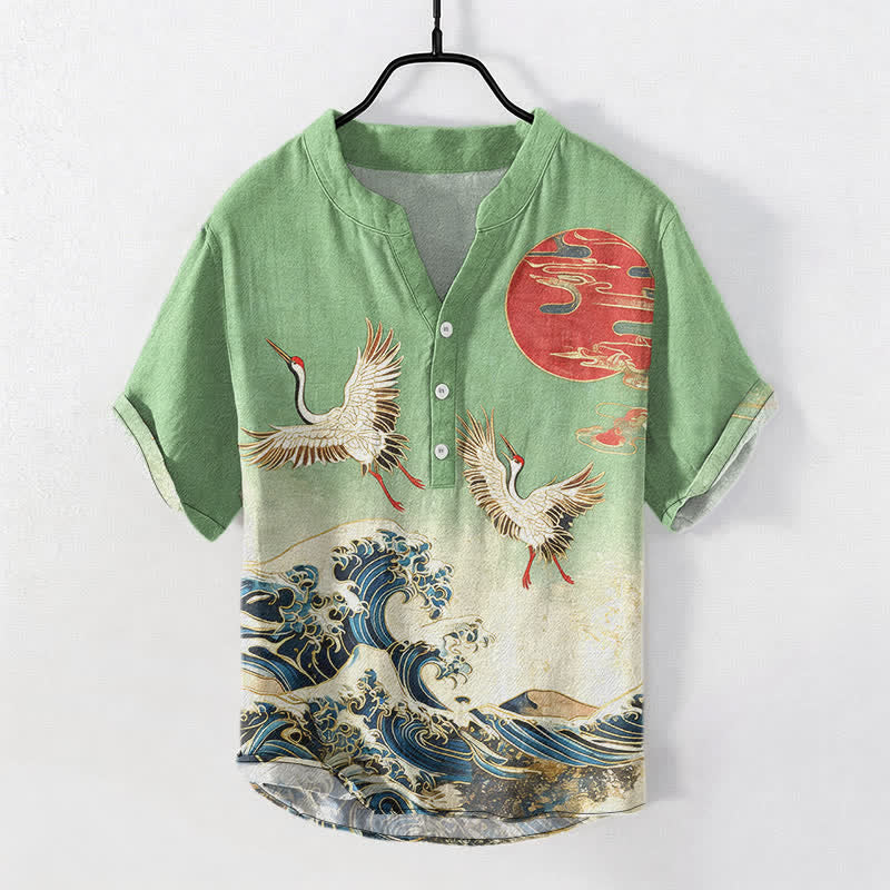 Buddha Stones Chemise homme à manches courtes et demi-boutonnée en coton à motif de grues, vagues et soleil - image 5