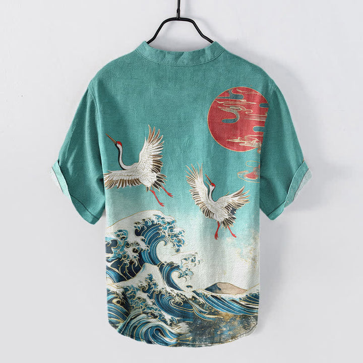 Buddha Stones Chemise homme à manches courtes et demi-boutonnée en coton à motif de grues, vagues et soleil - image 8