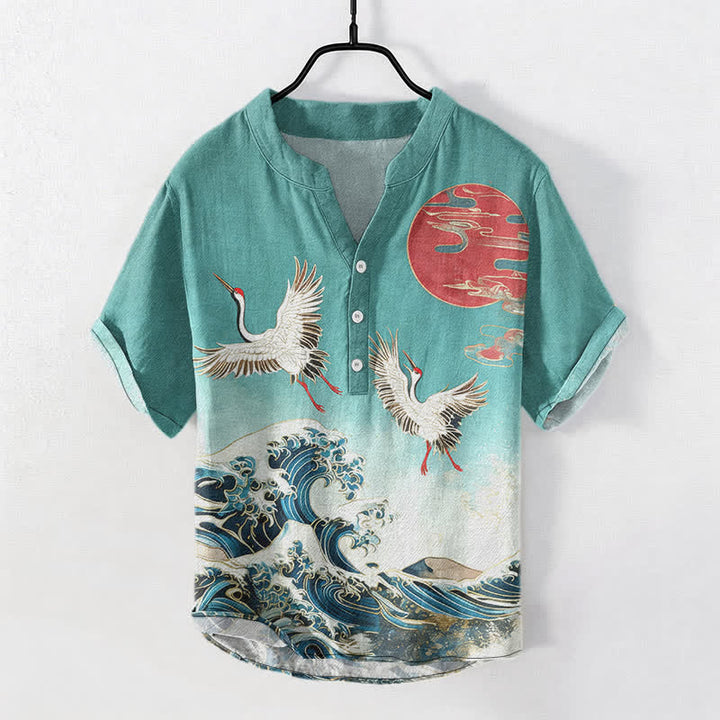 Buddha Stones Chemise homme à manches courtes et demi-boutonnée en coton à motif de grues, vagues et soleil - CadetBlue - US/UK/AU50，EU60 (5XL) - image 7