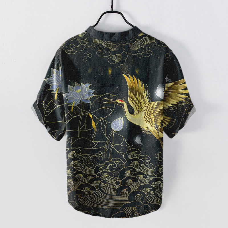 Buddha Stones Chemise homme à manches courtes et demi-boutonnée, motif grues, vagues et nuages ​​de lotus, en coton - image 1