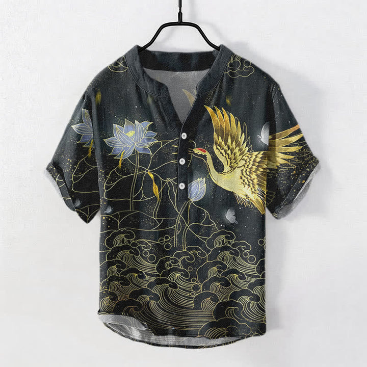 Buddha Stones Chemise homme à manches courtes et demi-boutonnée, motif grues, vagues et nuages ​​de lotus, en coton - Noir - US/UK/AU50，EU60 (5XL) - image 0