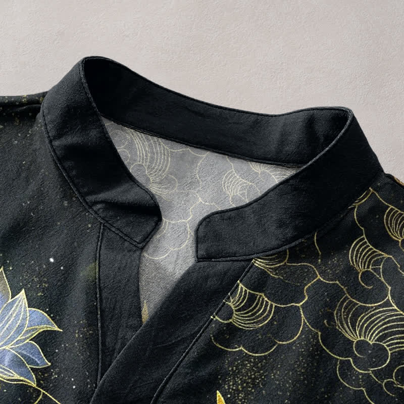 Buddha Stones Chemise homme à manches courtes et demi-boutonnée, motif grues, vagues et nuages ​​de lotus, en coton - image 2