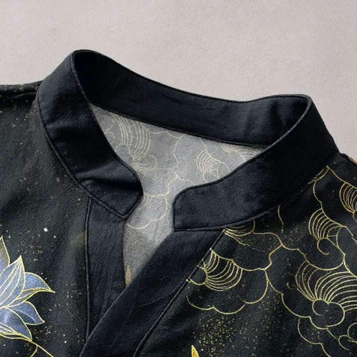 Buddha Stones Chemise homme à manches courtes et demi-boutonnée, motif grues, vagues et nuages ​​de lotus, en coton - image 2