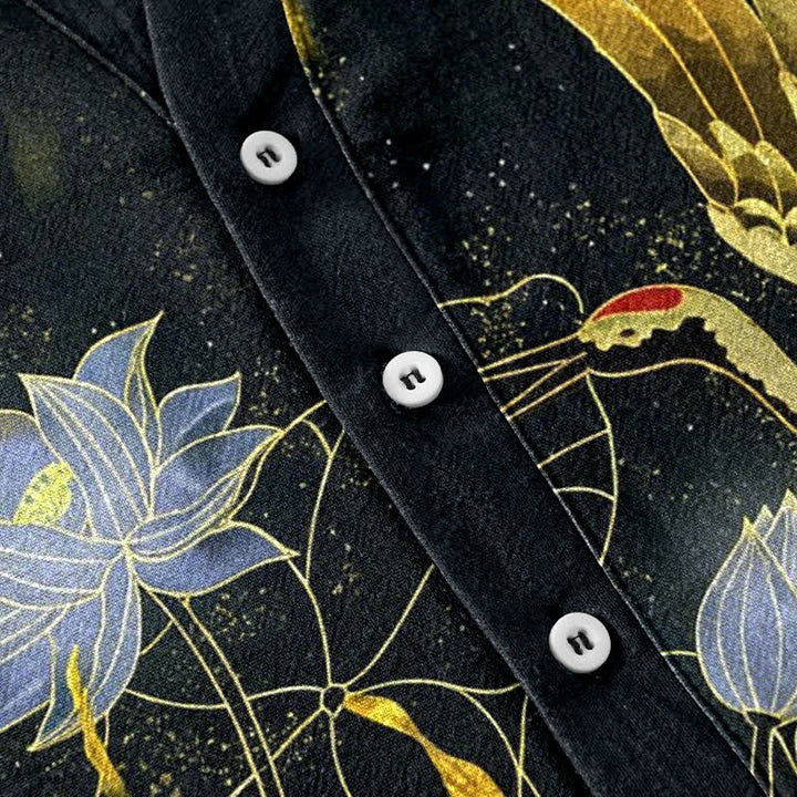 Buddha Stones Chemise homme à manches courtes et demi-boutonnée, motif grues, vagues et nuages ​​de lotus, en coton - image 3