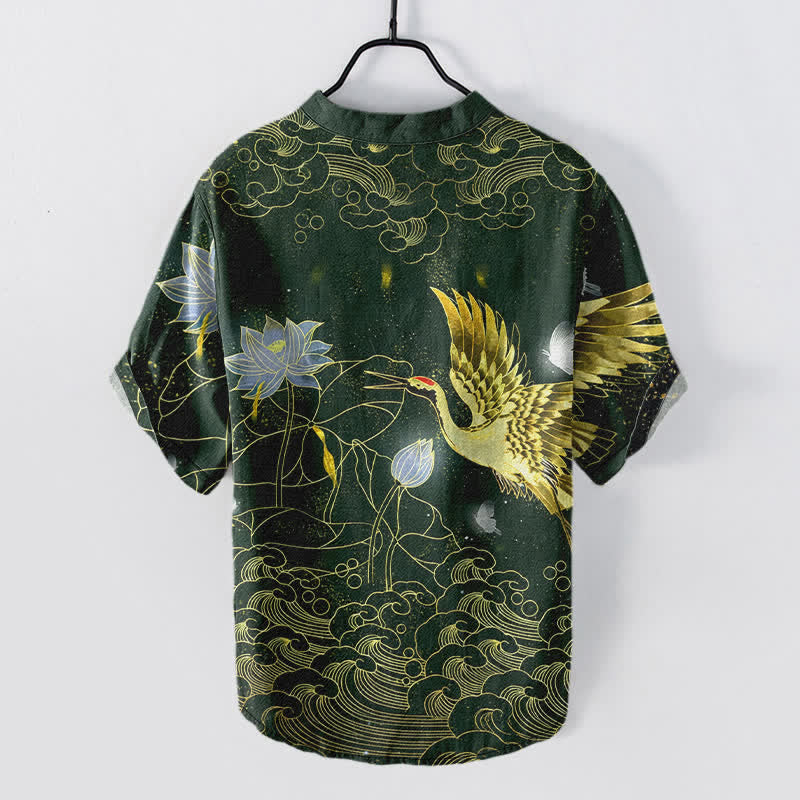 Buddha Stones Chemise homme à manches courtes et demi-boutonnée, motif grues, vagues et nuages ​​de lotus, en coton - image 6