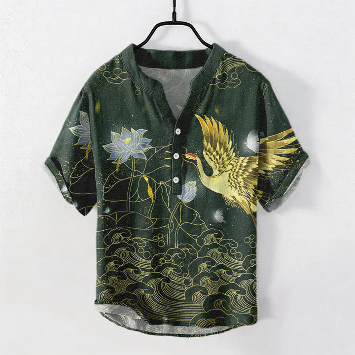 Buddha Stones Chemise homme à manches courtes et demi-boutonnée, motif grues, vagues et nuages ​​de lotus, en coton - Vert foncé - US/UK/AU50，EU60 (5XL) - image 5