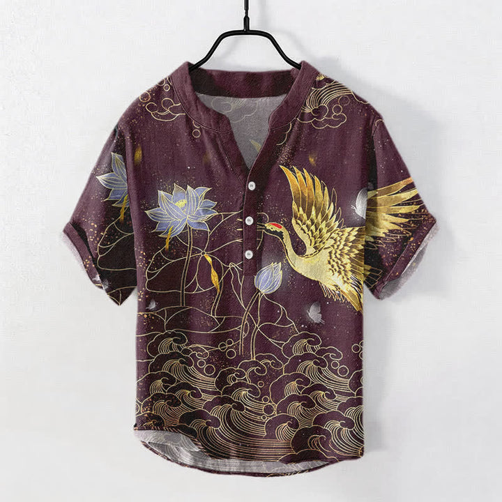 Buddha Stones Chemise homme à manches courtes et demi-boutonnée, motif grues, vagues et nuages ​​de lotus, en coton - Magenta foncé - US/UK/AU50，EU60 (5XL) - image 7