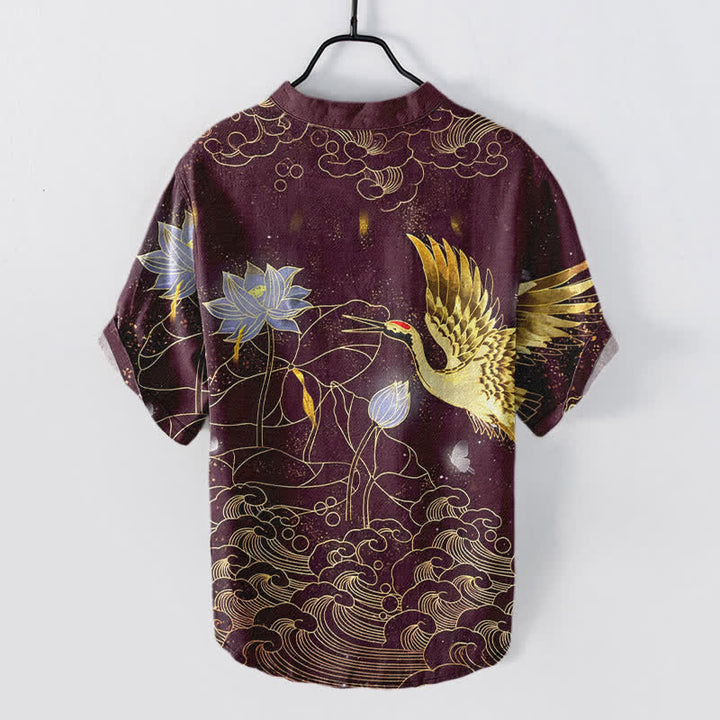 Buddha Stones Chemise homme à manches courtes et demi-boutonnée, motif grues, vagues et nuages ​​de lotus, en coton - image 8
