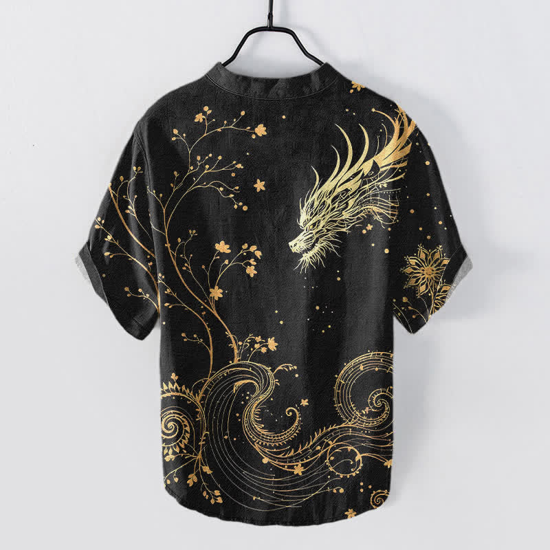 Buddha Stones Chemise à manches courtes pour homme, motif floral dragon, en coton ondulé, demi-boutonnée - image 1