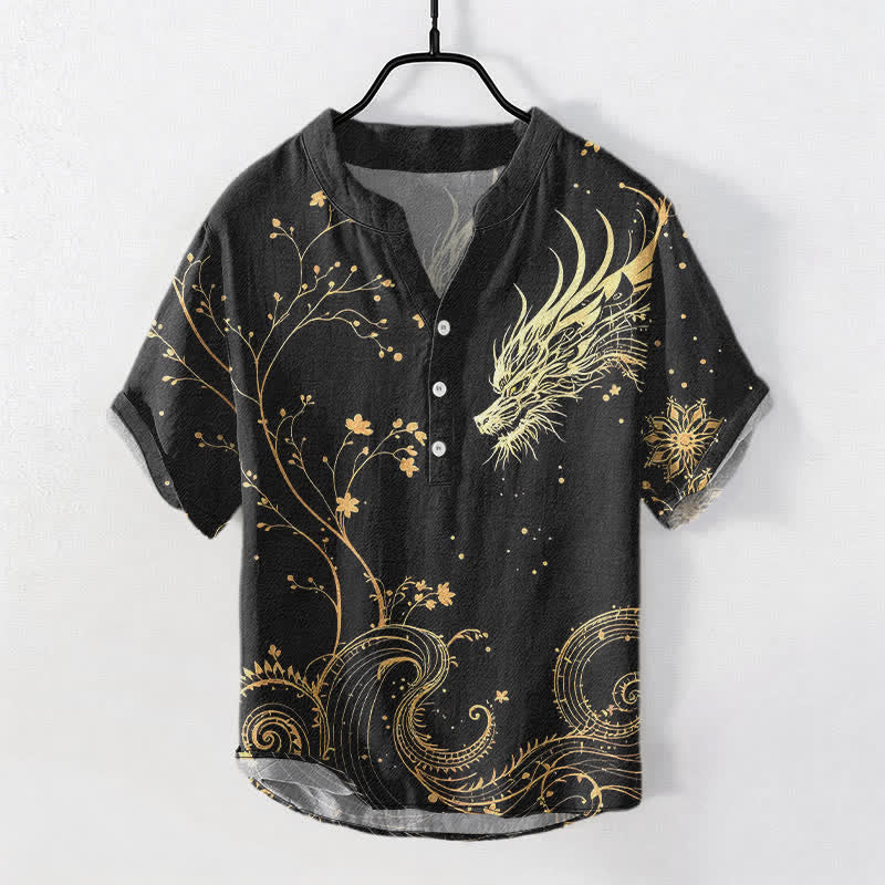 Buddha Stones Chemise à manches courtes pour homme, motif floral dragon, en coton ondulé, demi-boutonnée - Noir - US/UK/AU50，EU60 (5XL) - image 0