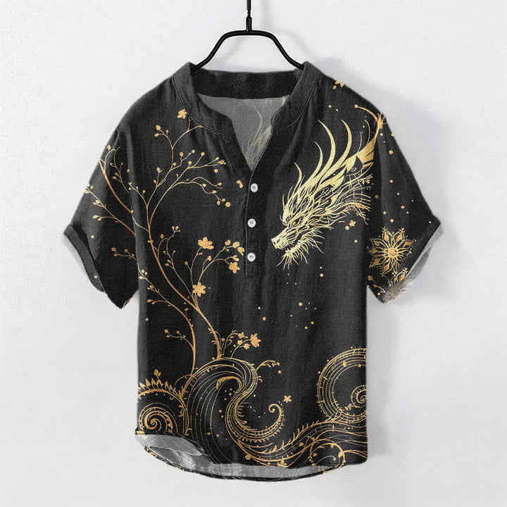 Buddha Stones Chemise à manches courtes pour homme, motif floral dragon, en coton ondulé, demi-boutonnée - Noir - US/UK/AU50，EU60 (5XL) - image 0