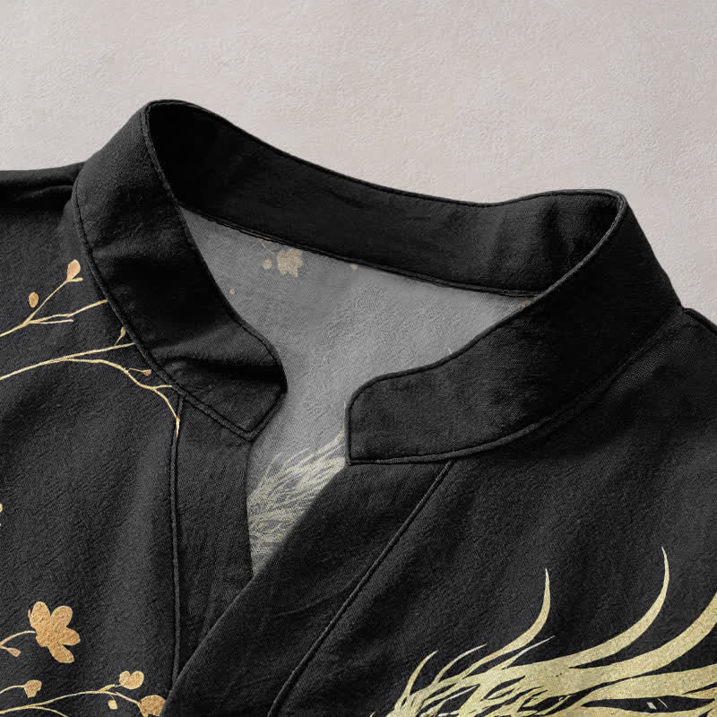 Buddha Stones Chemise à manches courtes pour homme, motif floral dragon, en coton ondulé, demi-boutonnée - image 2