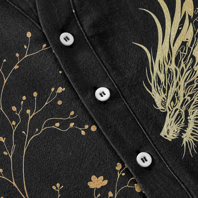 Buddha Stones Chemise à manches courtes pour homme, motif floral dragon, en coton ondulé, demi-boutonnée - image 3