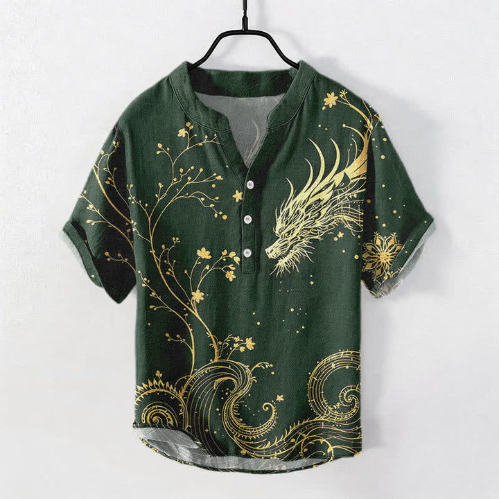 Buddha Stones Chemise à manches courtes pour homme, motif floral dragon, en coton ondulé, demi-boutonnée - Vert d'eau - US/UK/AU50，EU60 (5XL) - image 5