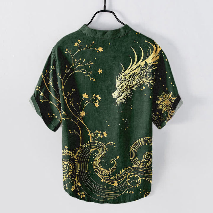 Buddha Stones Chemise à manches courtes pour homme, motif floral dragon, en coton ondulé, demi-boutonnée - image 6